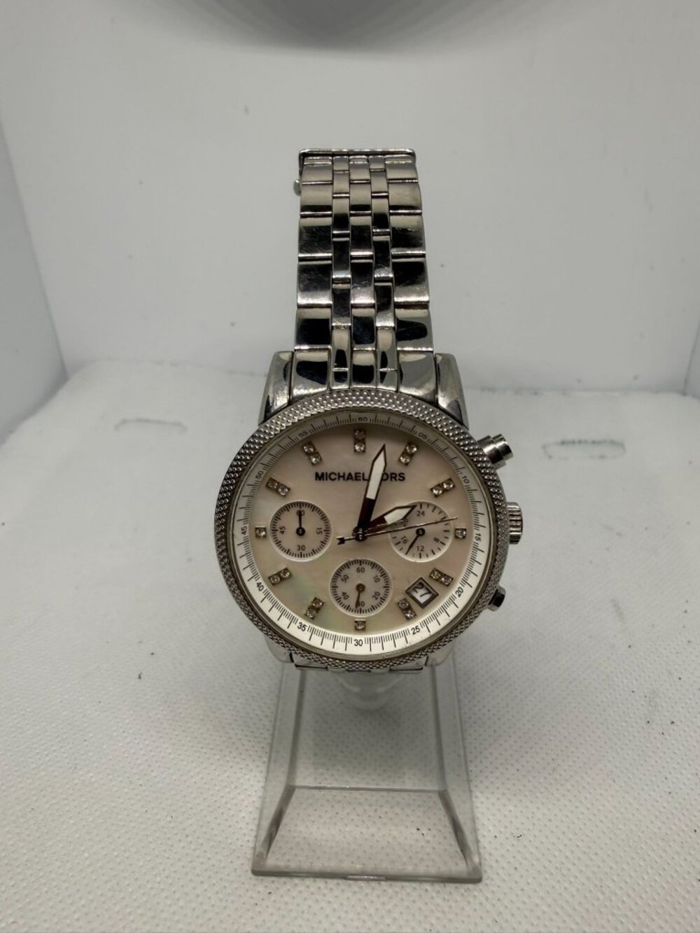 Michael Kors Ritz MK5020 Women Silver MOP Crystal Chrono Dial Watch